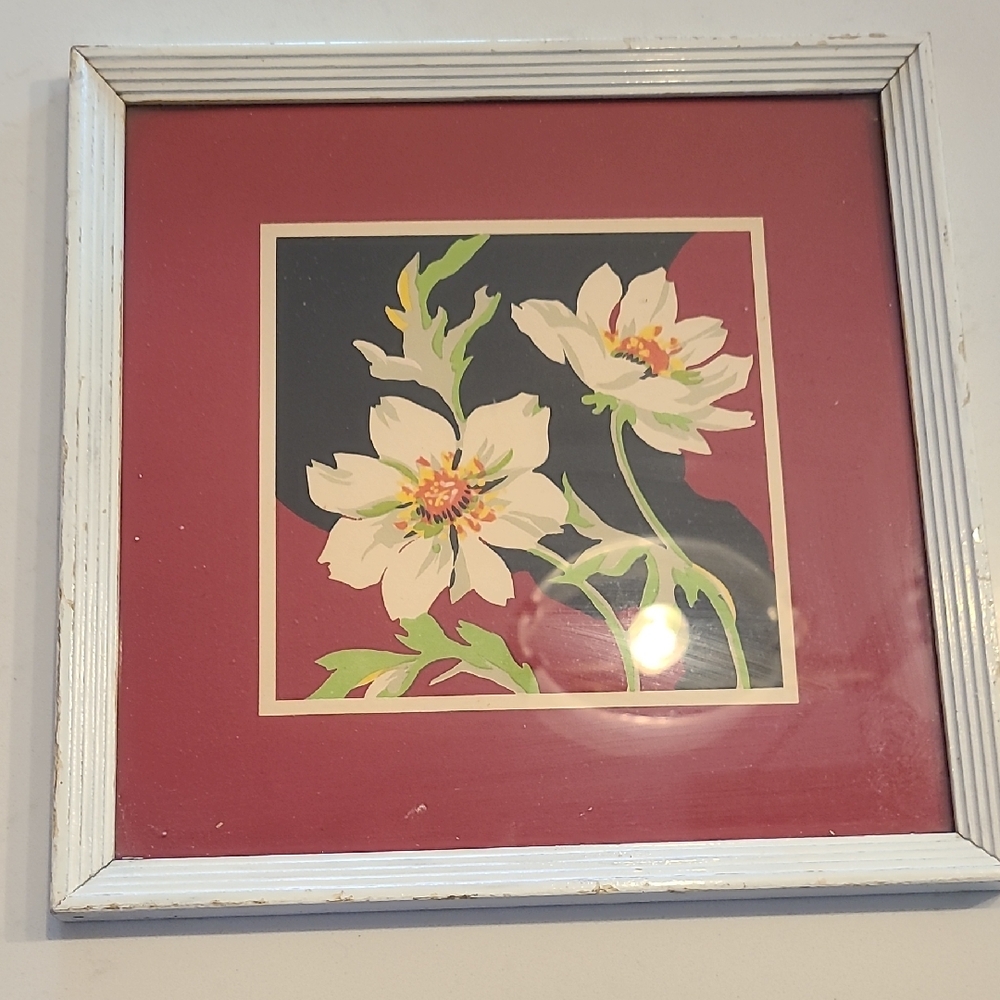 Vintage Handpainted Floral Art in White Frame